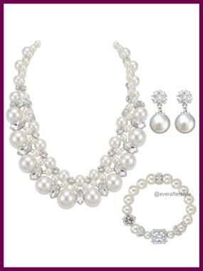 Faux Pearl Jewelry Set - Necklace, Earrings, Bracelet for Wedding Bridal Shower